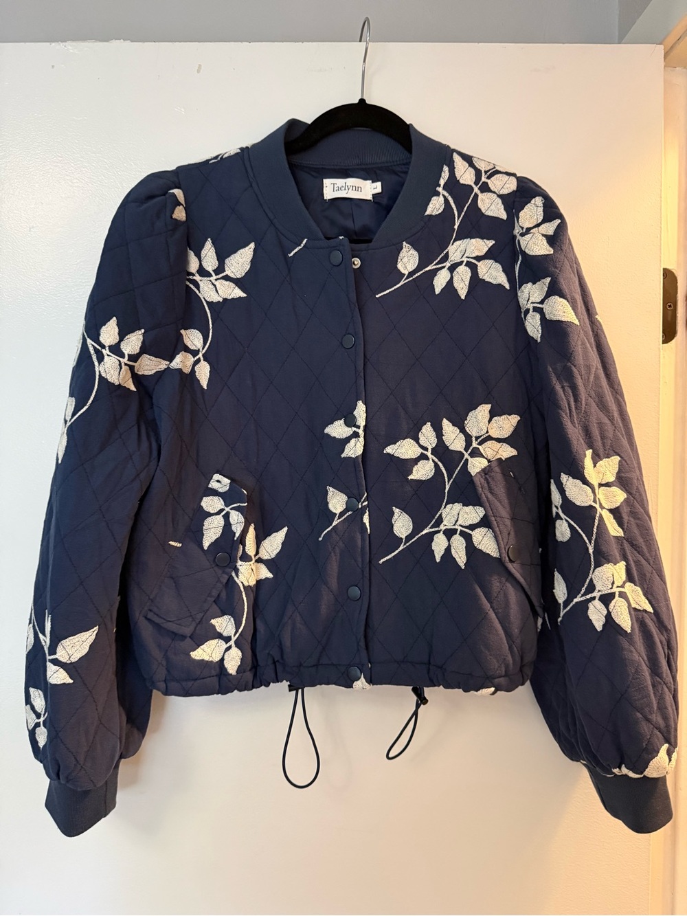 Navy Quilted Bomber Jacket with White Leaf Embroidery